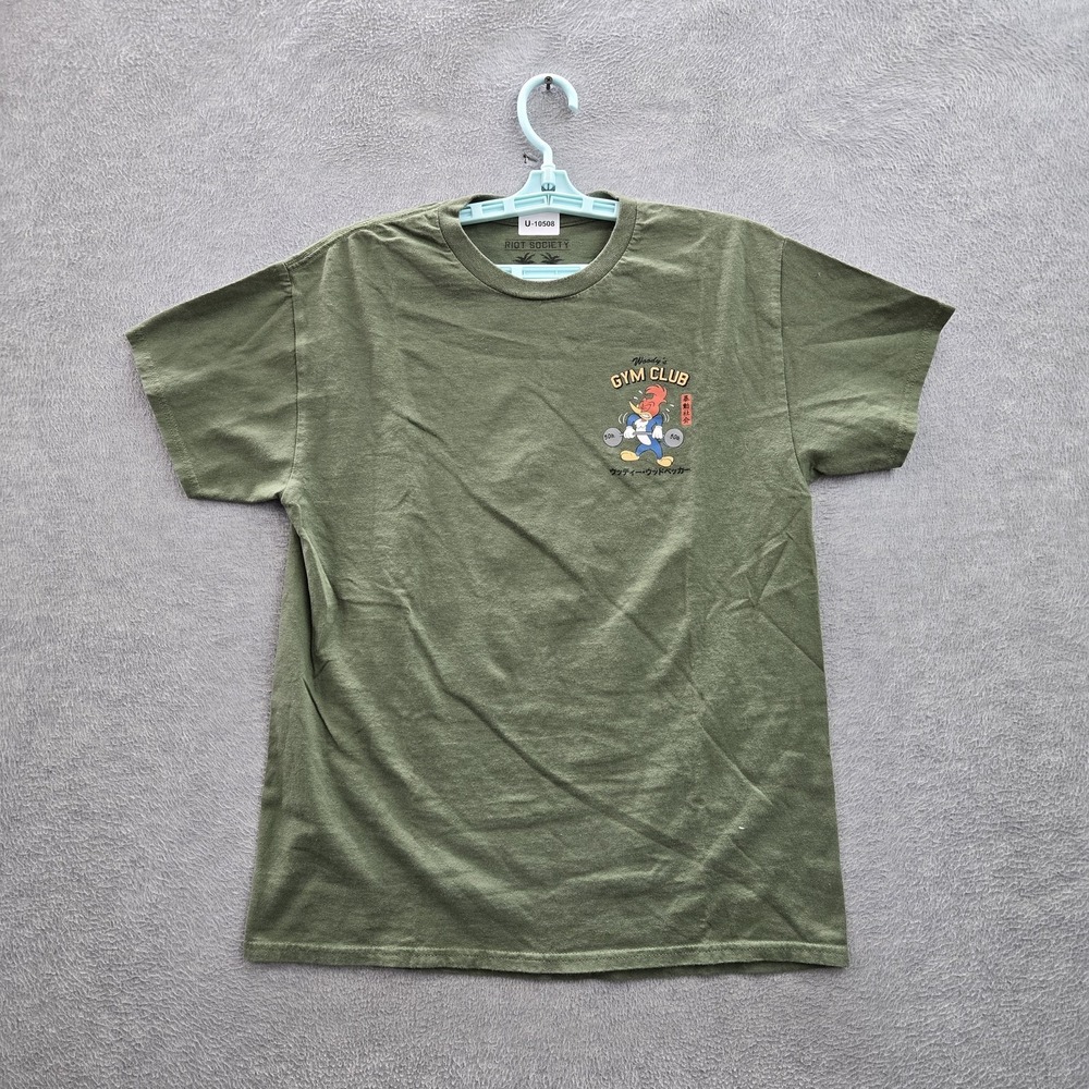 Riot Society Men‎ Shirt M Green Graphic Woody Woodpecker Logo Short Sleeve
